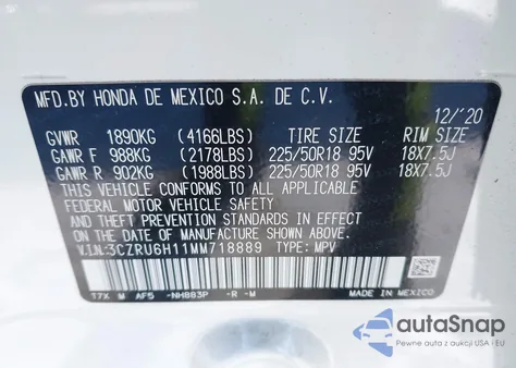 2021 Honda Hr-V Awd Sport z USA, uszkodzony, nr VIN 3CZRU6H11MM718889